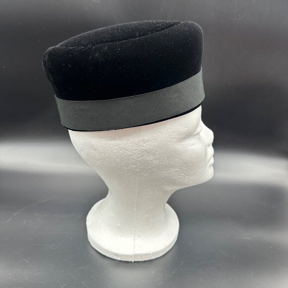 Vintage Pillbox Hat 1960s Mr John Black Velvet Jackie Kennedy Style Bow Accent - Picture 4 of 11